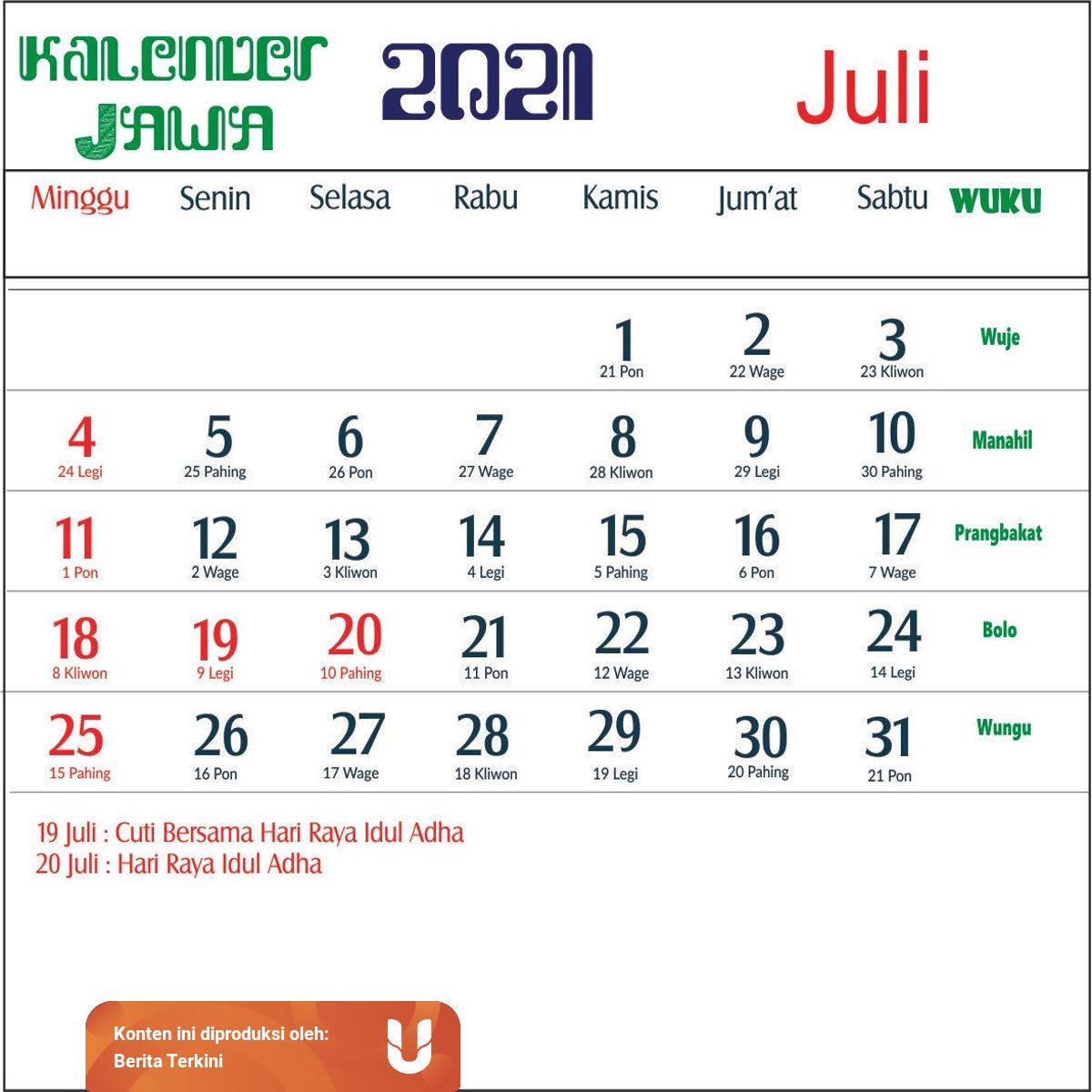 Kalender Jawa Tahun 1998 Bulan Juli